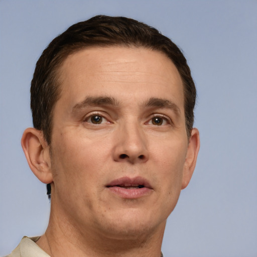 Neutral white adult male with short  brown hair and brown eyes