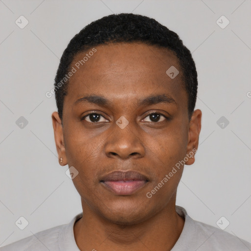 Neutral black young-adult male with short  black hair and brown eyes