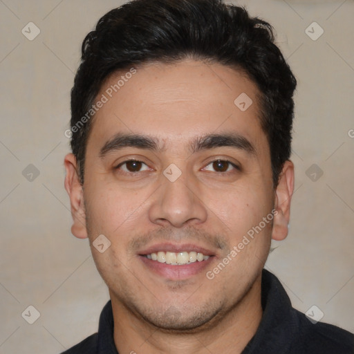 Joyful white young-adult male with short  black hair and brown eyes