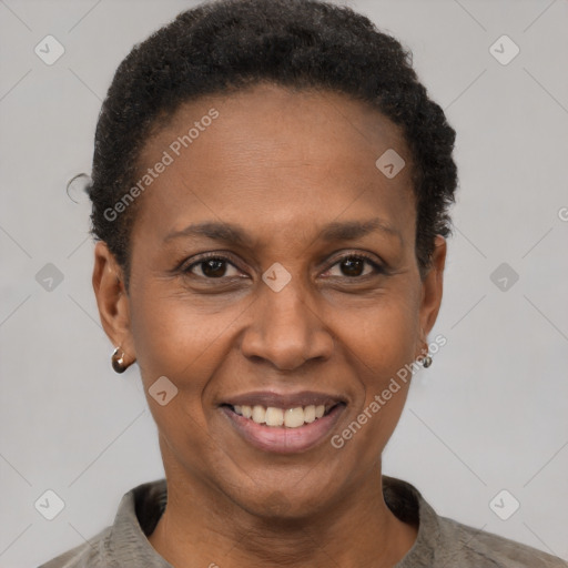 Joyful black adult female with short  brown hair and brown eyes