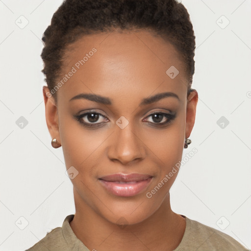 Joyful black young-adult female with short  brown hair and brown eyes