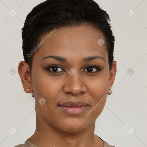 Joyful black young-adult female with short  brown hair and brown eyes