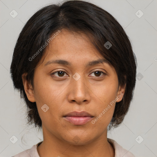 Neutral asian young-adult female with medium  brown hair and brown eyes