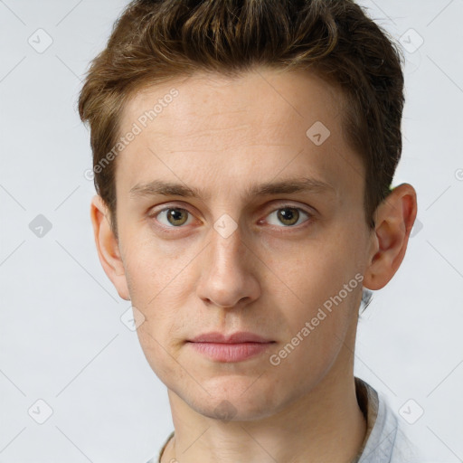 Neutral white young-adult male with short  brown hair and grey eyes