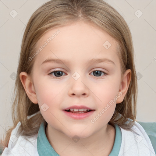 Joyful white child female with medium  brown hair and blue eyes