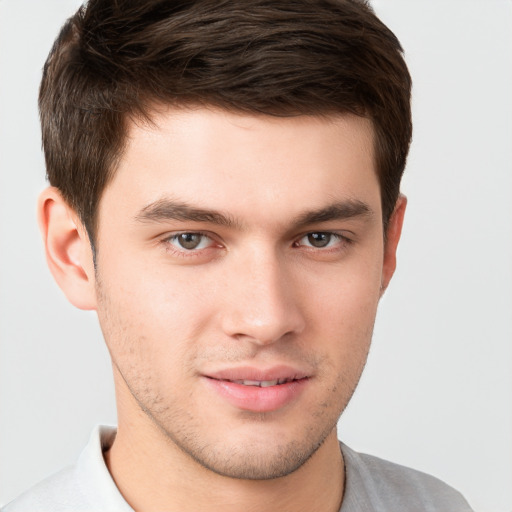 Neutral white young-adult male with short  brown hair and brown eyes