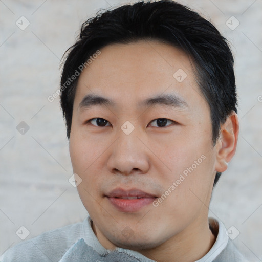 Neutral asian young-adult male with short  black hair and brown eyes