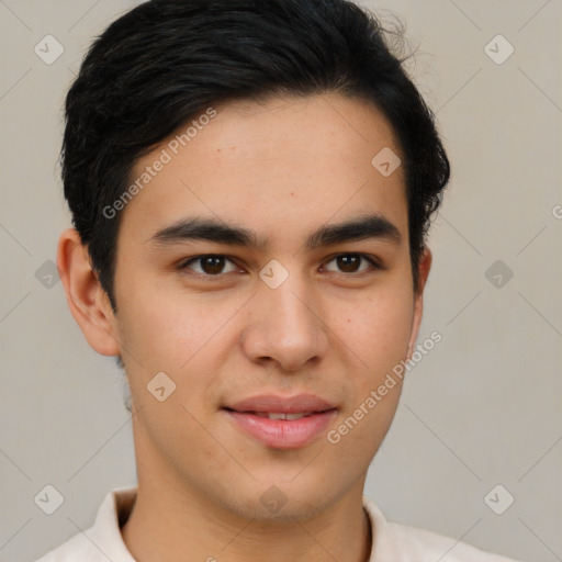 Joyful latino young-adult male with short  brown hair and brown eyes