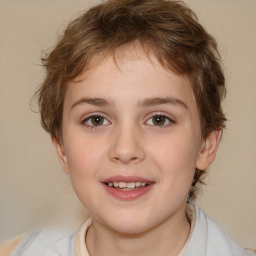 Joyful white child female with medium  brown hair and brown eyes