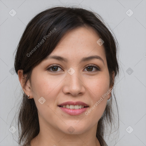 Joyful white young-adult female with medium  brown hair and brown eyes