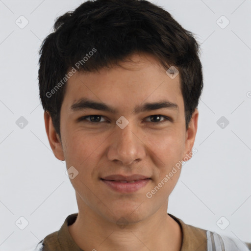 Joyful white young-adult male with short  black hair and brown eyes