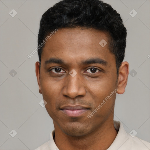 Neutral black young-adult male with short  black hair and brown eyes
