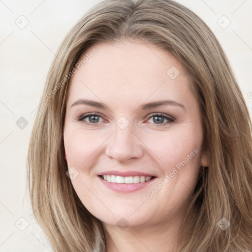 Joyful white young-adult female with long  brown hair and green eyes