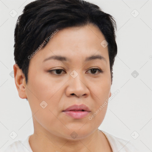Joyful asian young-adult female with short  brown hair and brown eyes