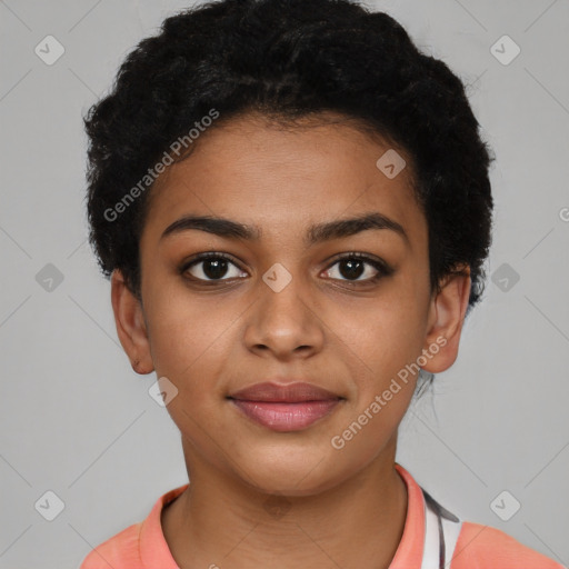 Joyful latino young-adult female with short  black hair and brown eyes