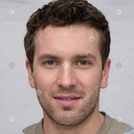 Neutral white young-adult male with short  brown hair and grey eyes