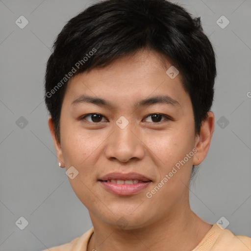 Joyful asian young-adult male with short  brown hair and brown eyes