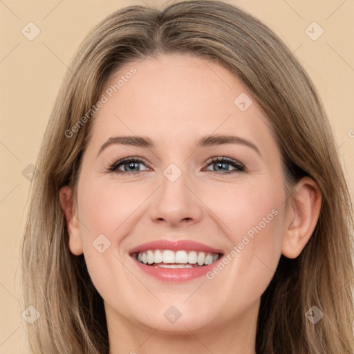 Joyful white young-adult female with long  brown hair and grey eyes