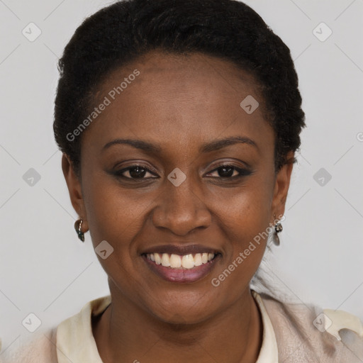 Joyful black young-adult female with short  brown hair and brown eyes