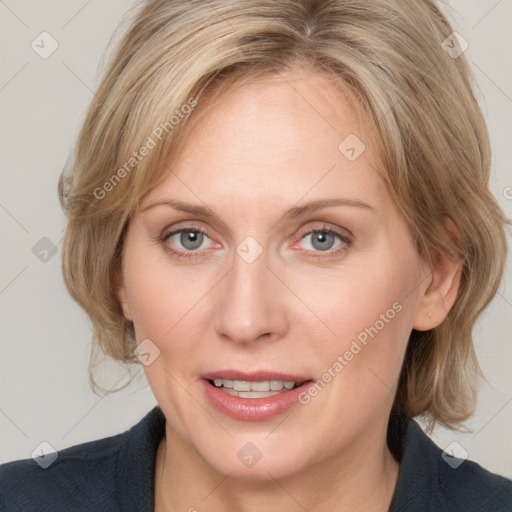 Joyful white young-adult female with medium  brown hair and blue eyes