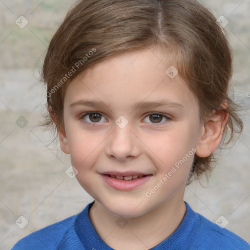 Joyful white child female with medium  brown hair and grey eyes