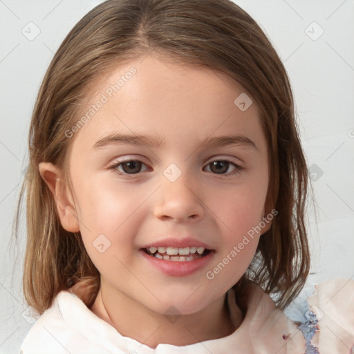 Joyful white child female with medium  brown hair and brown eyes