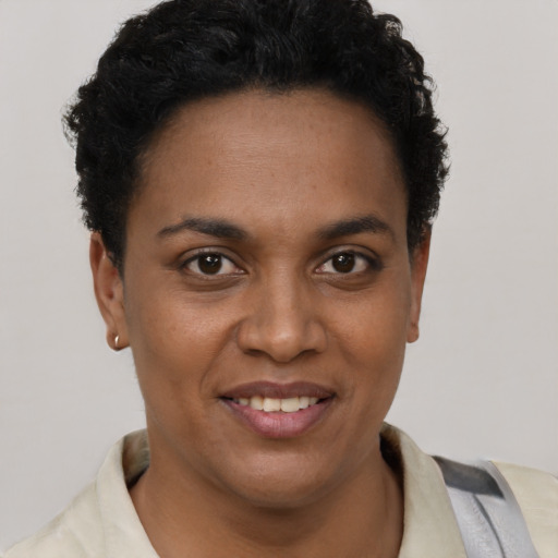 Joyful black young-adult female with short  black hair and brown eyes