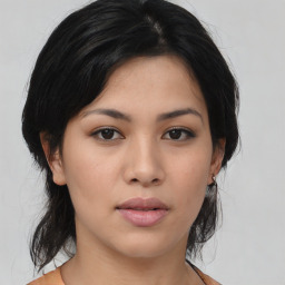 Neutral asian young-adult female with medium  black hair and brown eyes