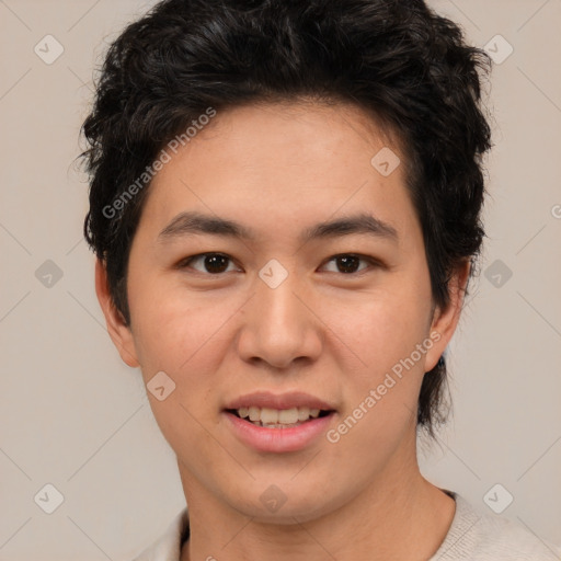 Joyful asian young-adult female with short  black hair and brown eyes