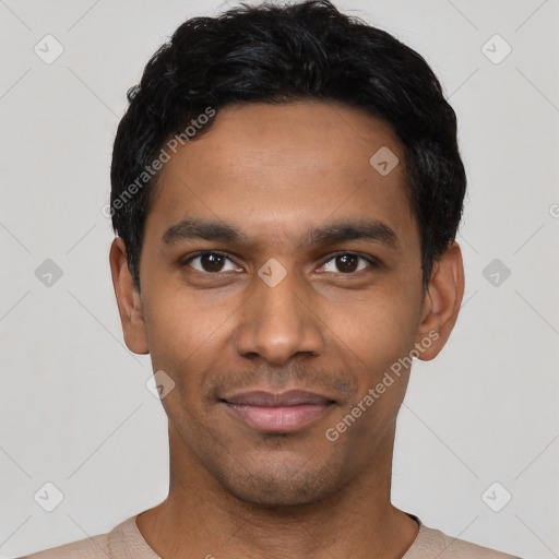 Neutral latino young-adult male with short  black hair and brown eyes