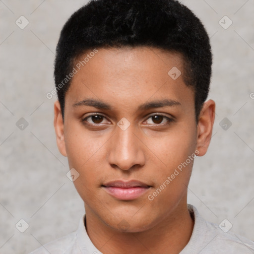 Neutral latino young-adult male with short  black hair and brown eyes