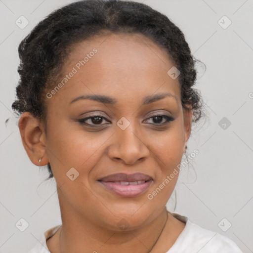 Joyful latino young-adult female with short  brown hair and brown eyes