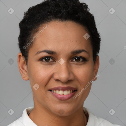 Joyful latino young-adult female with short  brown hair and brown eyes