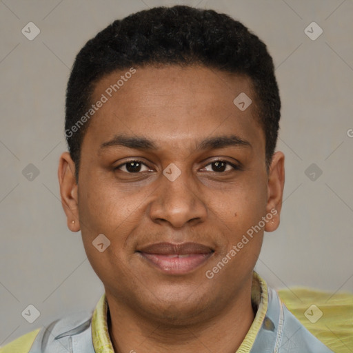 Joyful black young-adult male with short  brown hair and brown eyes