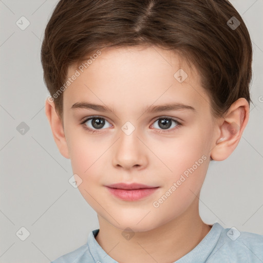 Joyful white child female with short  brown hair and brown eyes