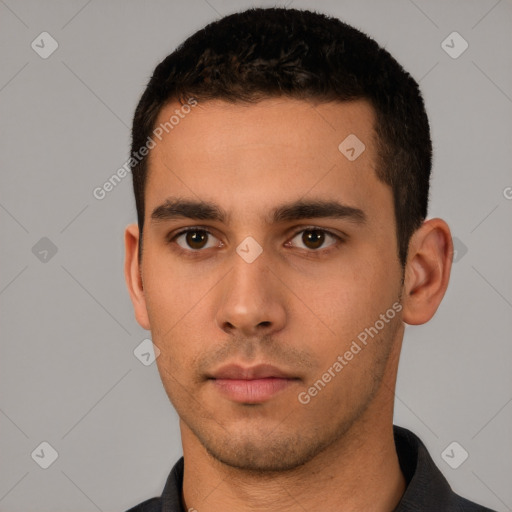 Neutral white young-adult male with short  black hair and brown eyes
