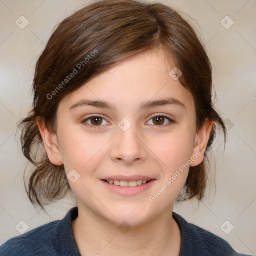 Joyful white child female with medium  brown hair and brown eyes