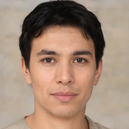 Neutral asian young-adult male with short  brown hair and brown eyes