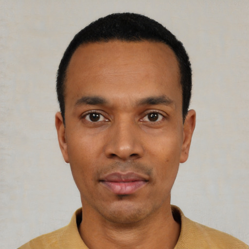 Neutral black young-adult male with short  black hair and brown eyes