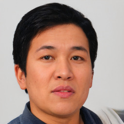 Neutral asian adult male with short  black hair and brown eyes