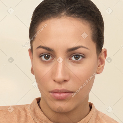 Neutral white young-adult female with short  brown hair and brown eyes