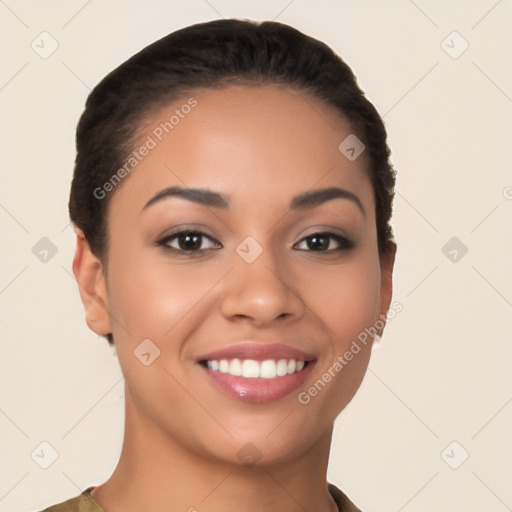 Joyful latino young-adult female with short  black hair and brown eyes