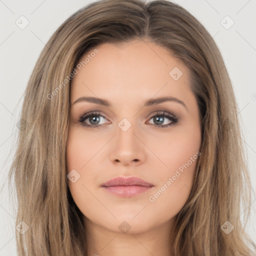 Neutral white young-adult female with long  brown hair and brown eyes