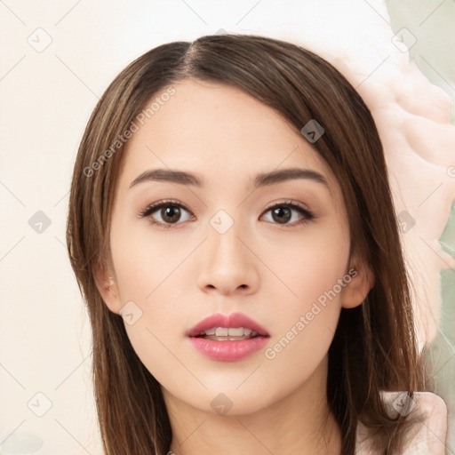 Neutral white young-adult female with long  brown hair and brown eyes