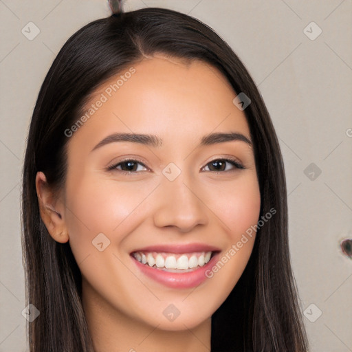 Joyful white young-adult female with long  brown hair and brown eyes