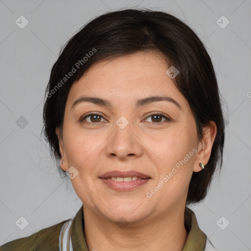 Joyful white adult female with medium  brown hair and brown eyes