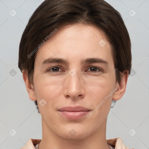 Joyful white young-adult female with short  brown hair and brown eyes