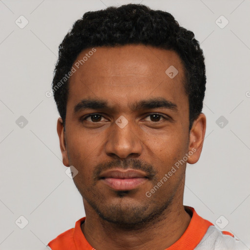 Neutral black young-adult male with short  black hair and brown eyes