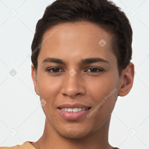 Joyful white young-adult female with short  brown hair and brown eyes