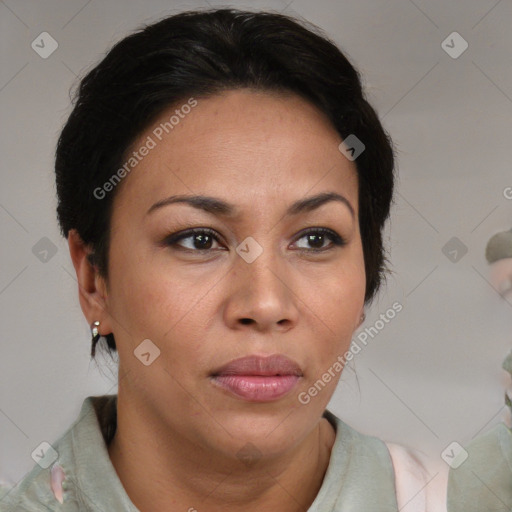 Neutral white adult female with medium  brown hair and brown eyes